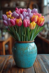 Sticker - A stunning blue vase overflows with a vibrant assortment of tulips in every color of the rainbow