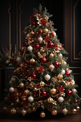 Poster - A beautifully decorated Christmas tree adorned with a stunning display of red and gold ornaments, shining brightly in the festive ambiance