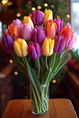 Sticker - A beautiful glass vase adorning a table, overflowing with an array of vibrant tulips in assorted colors