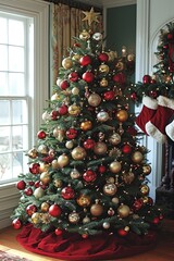 Wall Mural - A beautifully decorated Christmas tree stands tall in a cozy living room, adorned with twinkling lights, shimmering ornaments, and a sparkling star on top