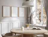 Fototapeta Panele - Home mock up, cozy modern kitchen interior background, 3d render
