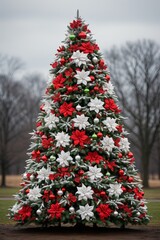 Poster - A Christmas tree is decorated with vibrant red and white poinsettias, adding a festive and elegant touch to the holiday decor
