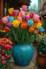 Poster - A blue vase overflows with a bountiful display of vibrant and diverse flowers, creating a mesmerizing explosion of color and beauty