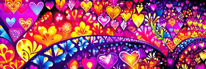 Leinwandbilder - A vibrant painting featuring an array of colorful hearts dancing gracefully on a mysterious black background