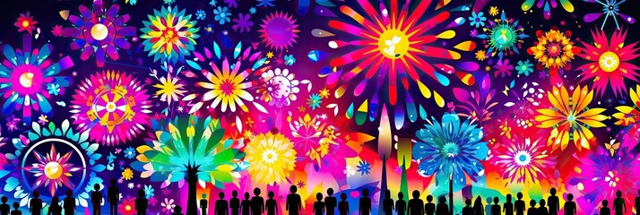Poster - A vibrant and colorful fireworks display against a black background, illuminating the sky with bursts of red, blue, green, and yellow lights