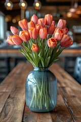 Poster - A wooden table supports a vase overflowing with numerous pink flowers, creating a vibrant and cheerful scene