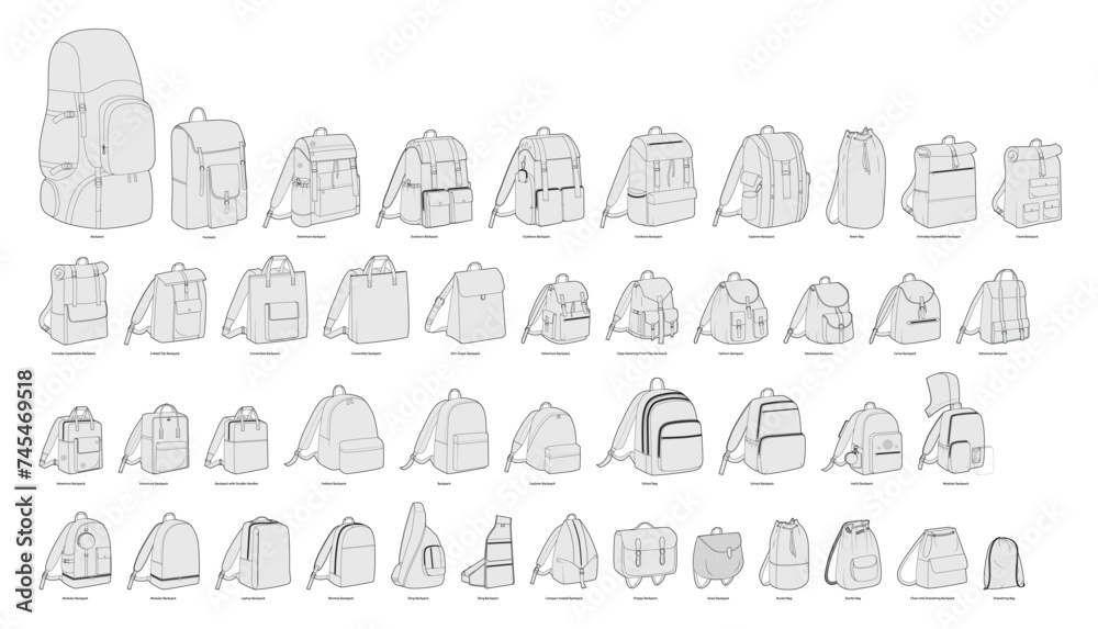 Set of backpacks silhouette bags. Fashion accessory technical illustration. Vector schoolbag 3-4 view for Men, women, unisex style, flat handbag CAD mockup sketch outline isolated