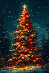 Poster - A vibrant Christmas tree stands tall in a snowy landscape, adorned with colorful ornaments and twinkling lights