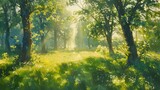 Fototapeta Niebo - Sunlight in the green forest, spring time, generative ai