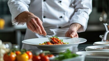 Wall Mural - Chef garnishing a plate of food in a professional kitchen