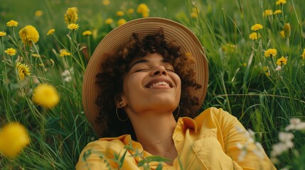 Woman with happy expression relaxing on meadow