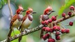 three chestnut headed bee eater on sticky wood with shallow blurry background one of them spreading wings in high definition, Bee eater, bird, aves with pink flowers