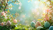 Happy Easter. Spring garden. Easter eggs and flowers background.