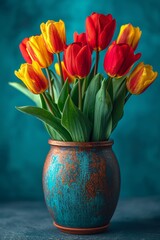 Wall Mural - A beautifully crafted blue vase overflowing with a stunning array of red, yellow, and orange tulips, creating a harmonious blend of colors and textures