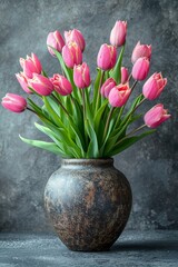 Poster - A beautiful vase sits on a table, filled with vibrant pink tulips in full bloom, adding a touch of elegance to the room