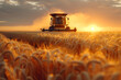 Combine Harvester in a Wheat Field at Sunset