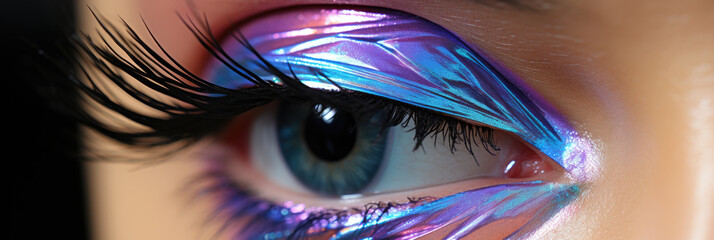 Aufkleber - A close up of a persons eye with intricate purple and blue neon eyeliner, creating a captivating and enchanting look