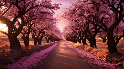 Canvas Print - A picturesque road lined with pink flowering trees on both sides, leading towards the setting sun in the background