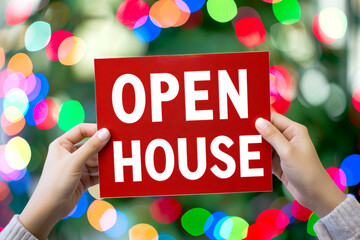 female hands holding an OPEN HOUSE sign in a colorful background