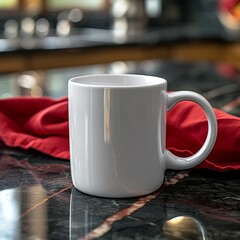 Wall Mural - A white coffee mug mock up, on a black marble countertop with a red napkin behind it. 