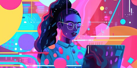 African American woman programmer using her laptop computer to code against a vibrant background