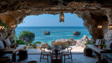 Fototapeta  - restaurant by the ocean of a tropical Island, a tropical cafe with an ocean view, a Restaurant in a cave rock
