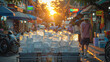 Heatwave in Thailand, global warming, heat stroke, Ice blocks for keeping products fresh on street market Thailand at sunset