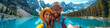 Couple travel banner landscape happy hikers in Alps lake view, Two travel hikers standing in front of the lake in the mountains at summer, man and woman taking a selfie with phone