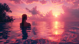 Fototapeta  -  luxury resort honeymoon getaway destination at the idyllic Caribbean tropical hotel, woman silhouette swimming in infinity pool watching sunset serene getaway at dusk