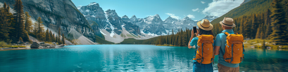 Wall Mural - Travelers couple look at the mountain lake. Travel and active life concept,. Adventure and travel in the mountains at the summer