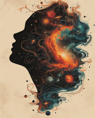 Wall Mural - a stylized illustration of a cosmic being its head a vivid array of swirling galaxies and celestial bodies in a unique blend of art nouveau and science fiction styles rich in color and detail