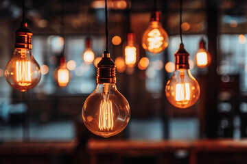 Poster - Warmly lit vintage Edison bulbs hanging against a blurred background, ideal for interior design concepts or trendy lighting decor themes