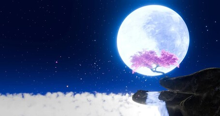 Wall Mural - Blue full moon glows brightly, blue in tone, in the dark blue sky. Stars twinkle in the sky. Big tree with bright pink flowers and leaves Falling at the waterfall cliff. 3D Rendering