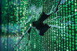 © fotogurmespb - Abstract digital background with a concept of data breach, cybersecurity, or hacking, featuring green binary code and a silhouette of a head, ideal for technology-related designs with copy space