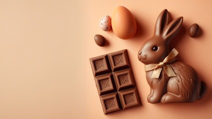 Poster - chocolate easter bunny with eggs on peach background