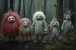 Eerie Monsters children fantasy in dark forest. Night dream scary horror. Generate Ai