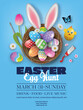 easter egg hunt poster with colorful eggs in a nest and rabbit ears