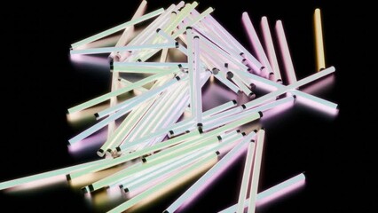 Poster - Neon 3d Nightclub Lamps. Design. Bright glowing lamps on black surface. Glowing lamps fall in heap on surface