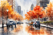 Illustrative image narrow street surrounded by trees in autumn Keywords: