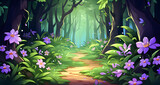 Fototapeta Big Ben - a cartoon scene with a dirt path running through a green forest filled with flowers