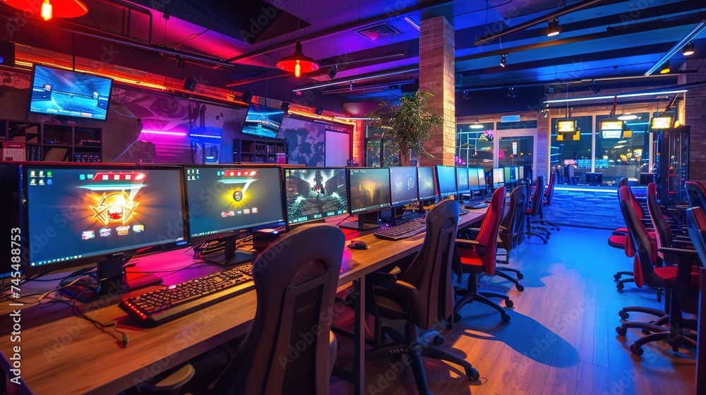 Internet cafe interior with modern computers. Video game tournament ...