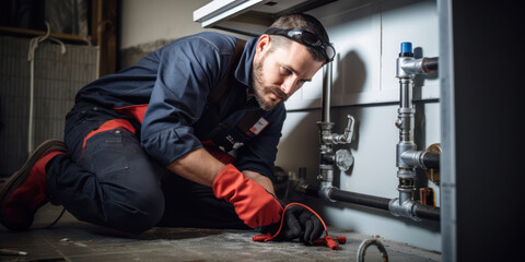 Canvas Print - Skilled Plumber Working at Home, Fixing Plumbing with a Set of Tools