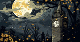 Fototapeta Big Ben - an animated depiction of a big ben with a full moon behind it