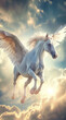A beautiful white horse with wings flying in the sky, in large scale murals with a sleek metallic finish, highly imaginative worlds, and award-winning design.