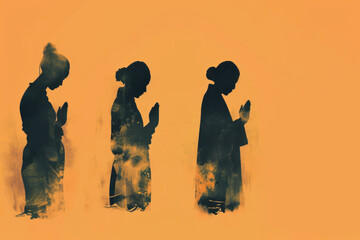 silhouettes of people praying with people, digitally enhanced in light orange and black, showcasing patience of a saint, creased, and historical themes.