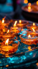 Wall Mural - A glass bowl is lit with a flame, surrounded by glowing candles, representing Indian traditions in dark cyan and gold, in a lighthearted manner.