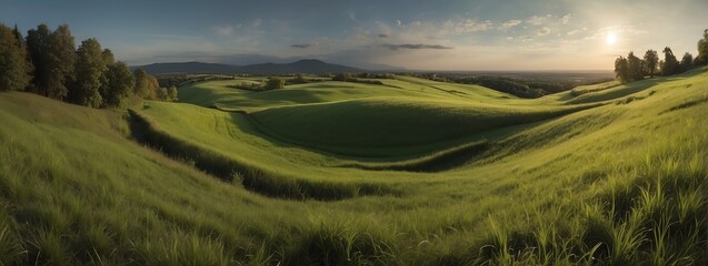 Wall Mural - Amazing panoramic view of a green grass lands from Generative AI