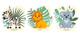 Fototapeta Dziecięca - Cute jungle animals set. Stickers with zebra, lion and koala surrounded by tropical leaves. Design elements for printing on paper or fabric. Cartoon flat vector collection isolated on white background