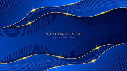 Wall Mural - Dark blue luxury premium background with shining gold line waves, suitable for banners, wallpapers, brochures and posters. Vector illustration