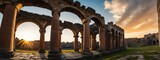 Wide angle panoramic view of an ancient roman castle with columns at sunset from Generative AI